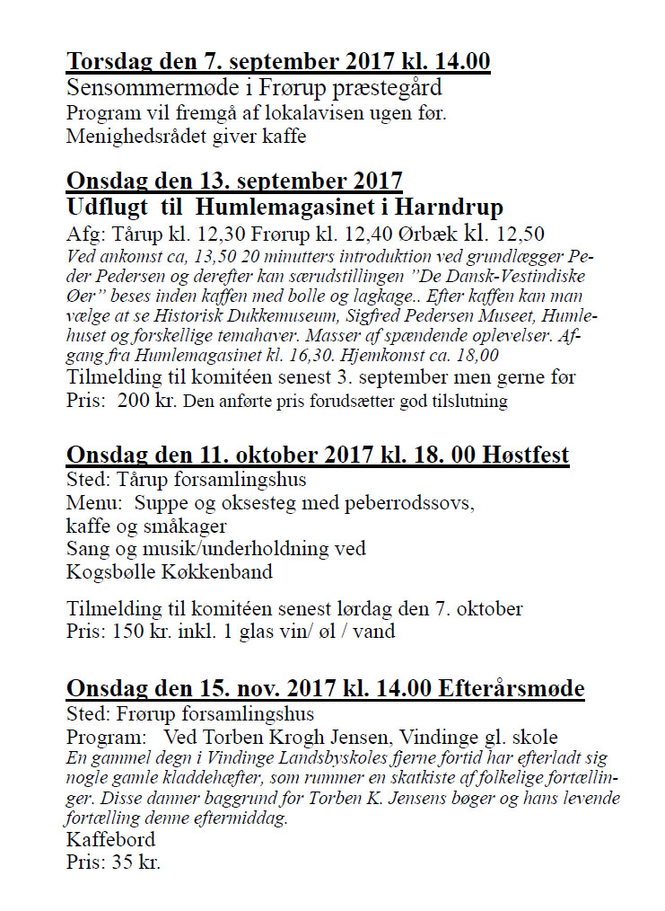 Tårup-Frørup Seniorklub - Program 2017/18